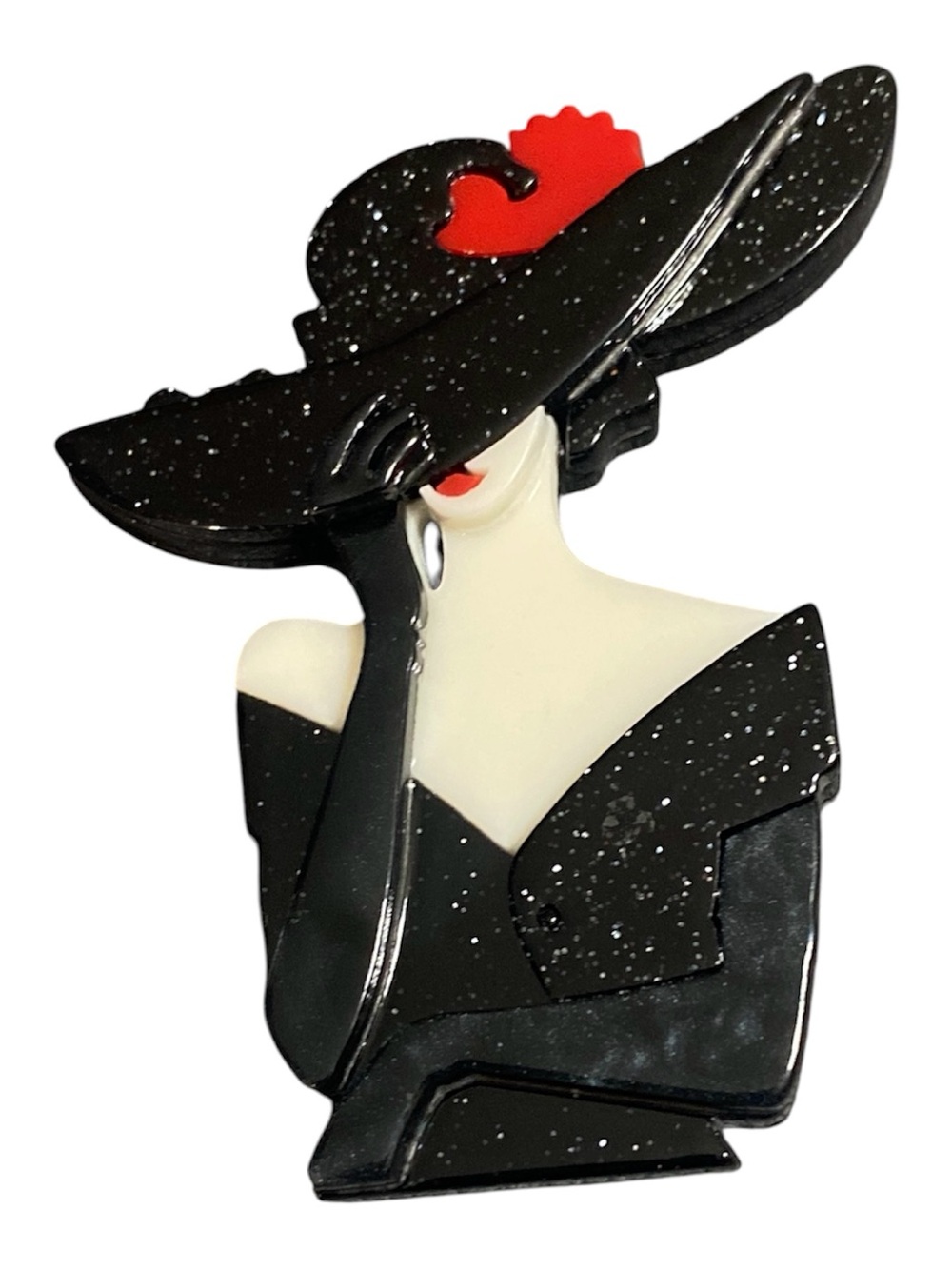 NWOT Stylish Black & Cream Lady Brooch with Red Accent